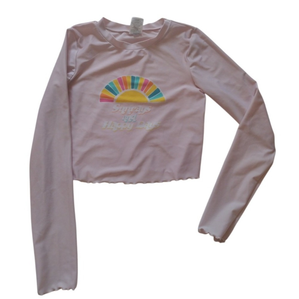 Art & Class Rad‎ guard Girl 14/16 Pink Graphic Crop Top Lettuce Hem Long Sleeves